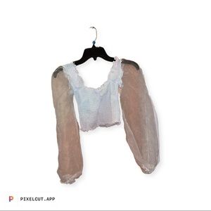 White shirred blouse , mesh puff sleeve